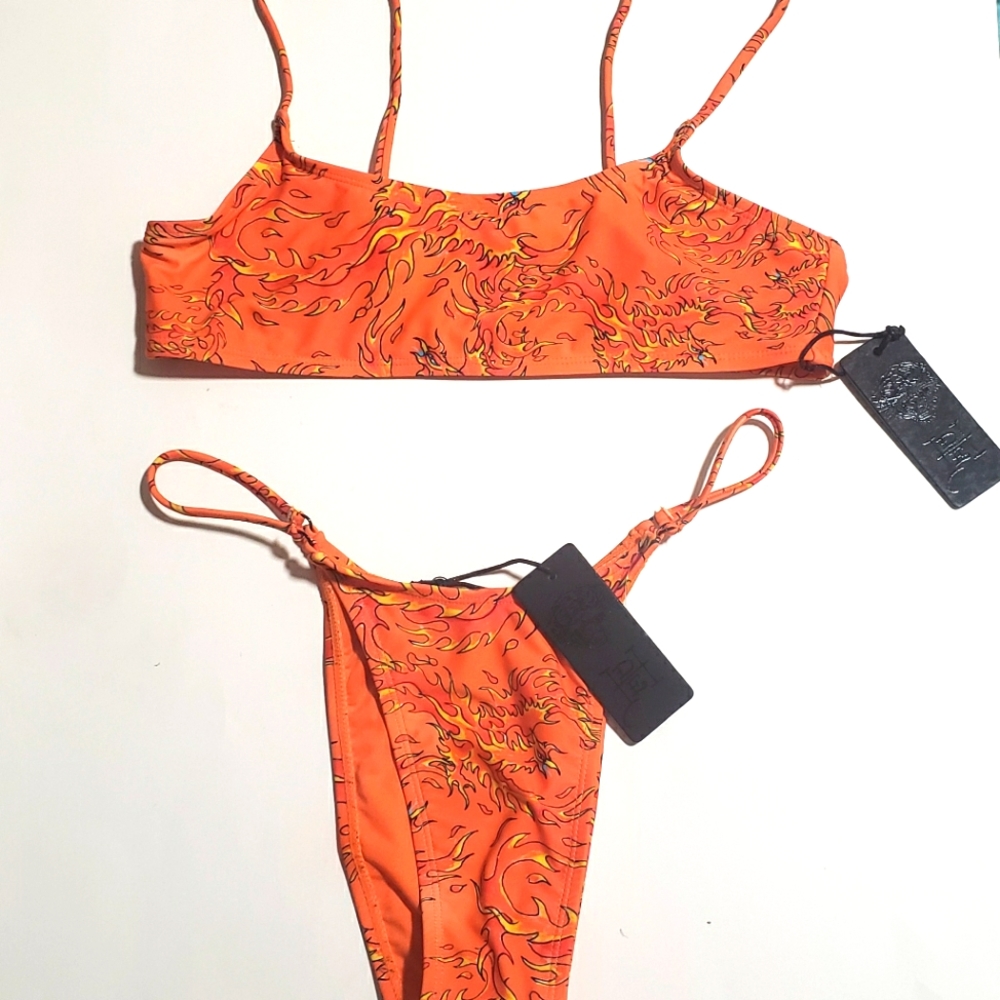 NWT Ed Hardy Orange Firebird Bandeau String Bikini Set Swim/Bathing Suit- Medium